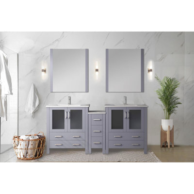 Double Bath Vanity 72 In. Wide, Dark Grey Shade, White Ceramic Top, 28 Mirrors, Soft Close Drawers, Spacious Storage From Cabinets W Of Grey, - System, Ample And Drawers