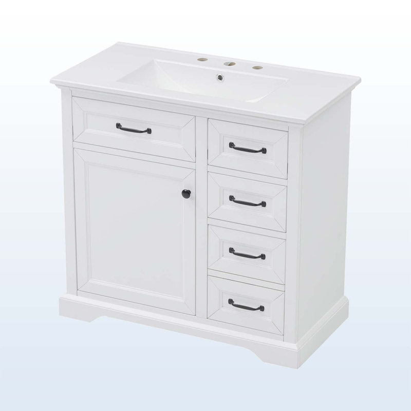 Meuble-lavabo de salle de bain avec lavabo en céramique, 2 tiroirs rabattables, Blanc