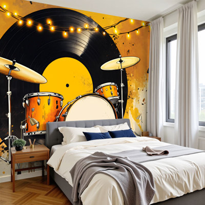 Music Peel and Stick Wallpaper Drum Kit Musical Instruments Classical Rock Music Record Fairy Lights Wall Murals 100"H x 144"W Removable PVC Wall Paper Self-Adhesive Wall Decor for Bedroom Living Room Home Office