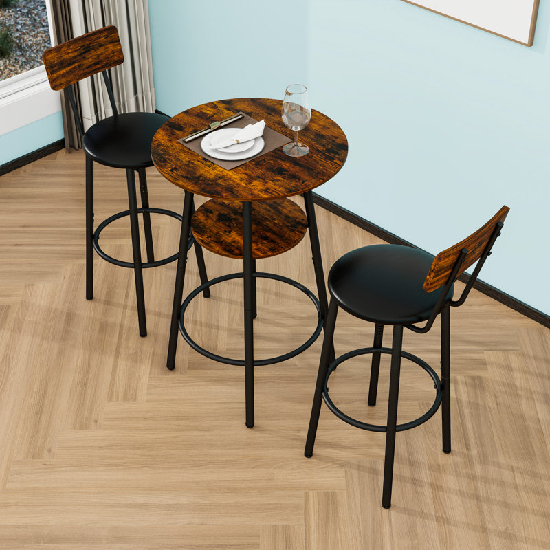 Ensemble de tabourets de bar ronds avec tablette et tabourets rembourrés, Brun rustique