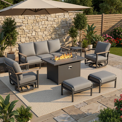 7-Person Outdoor Aluminum Patio Set With 55,000 BTU Fire Pit Table, Wood-Look Armrests, 5.12" Cushions, Swivel Chairs & Ottomans