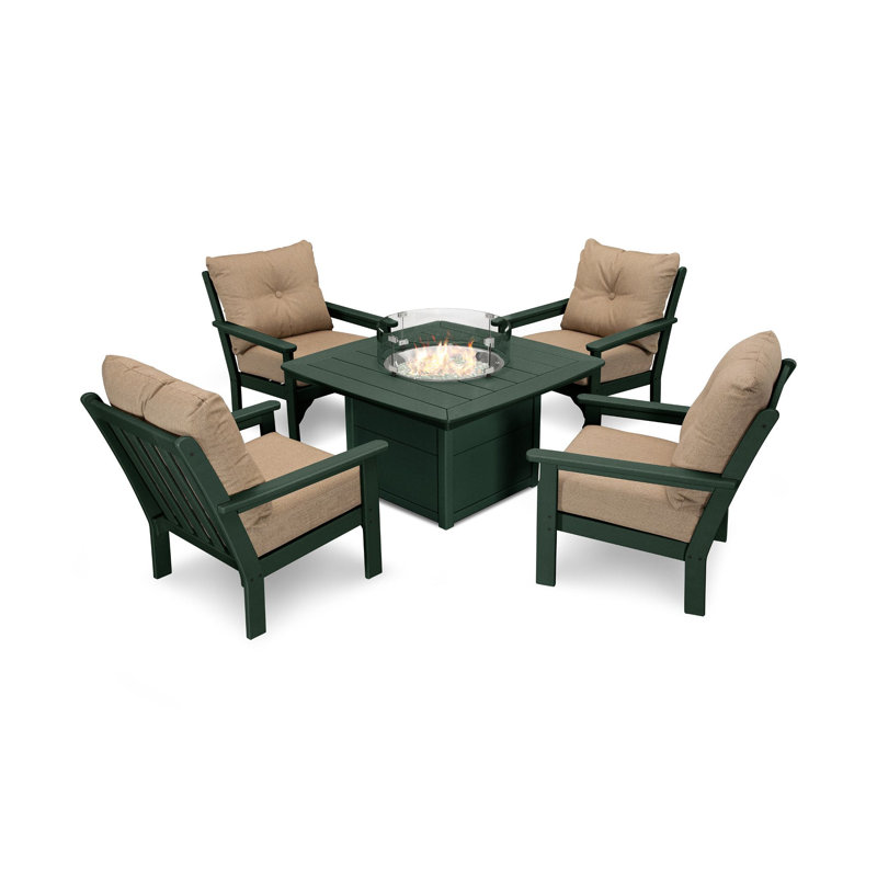 Vineyard 5-Piece Conversation Set with Fire Pit Table, Sesame, Green
