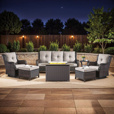 Wendye 7-Piece Outdoor Furniture Sofa Set With 2 Swivel Chairs, 2 Ottomans, End Table & 55K BTU Fire Pit Table