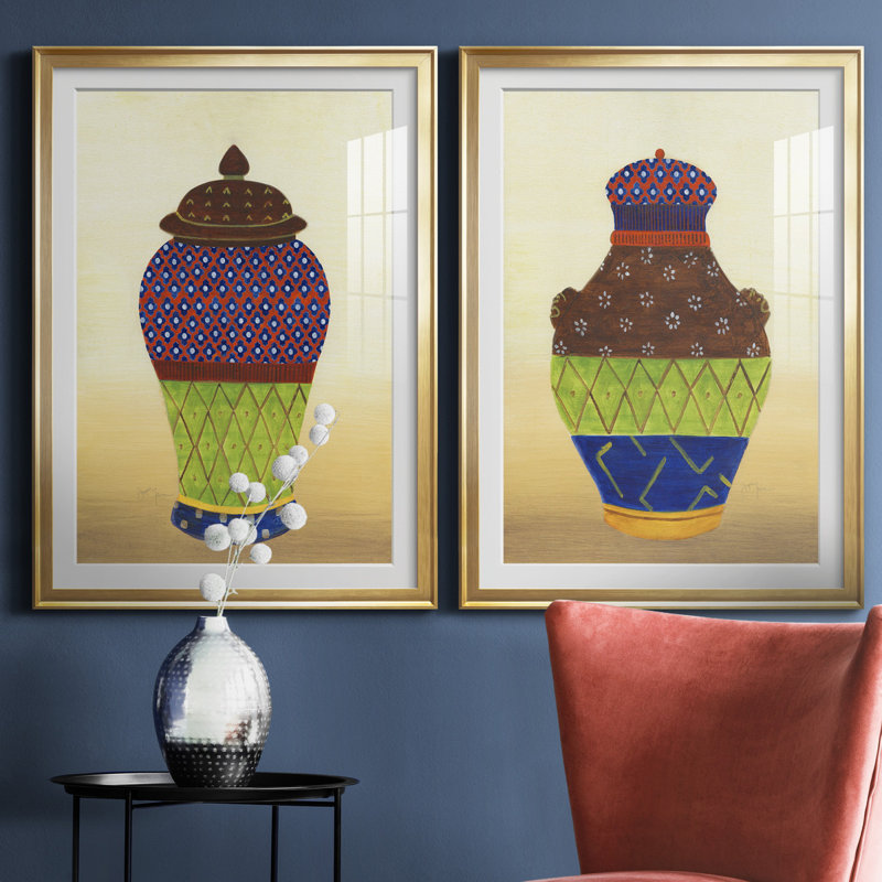 «Marrakech Urn I», ensemble de 2 reproductions d'art, H 26,5 po x l 73 po x P 1,5 po, Papier encadré doré, Blanc