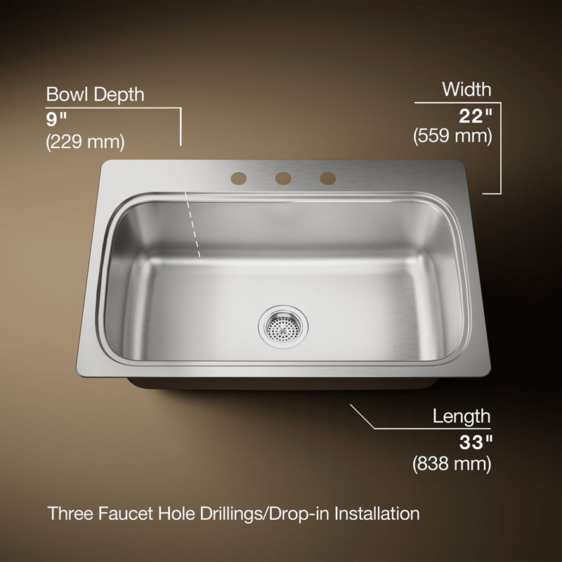 Verse 33" L x 22" W Top Mount Single Bowl Kitchen Sink, 3 Hole