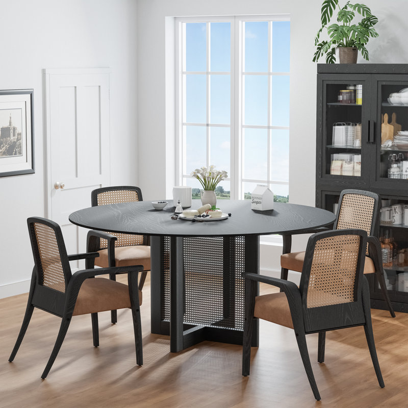 Table de salle à manger ronde en bois massif avec piédestal en rotin, Noir, H 30 po x L 60 po x l 60 po