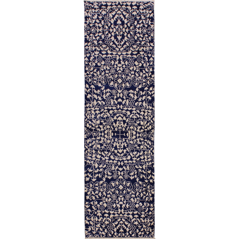 Tapis de couloir bleu / ivoire en laine noué à la main 2 pi 8 po x 8 pi 5 po Madeenah
