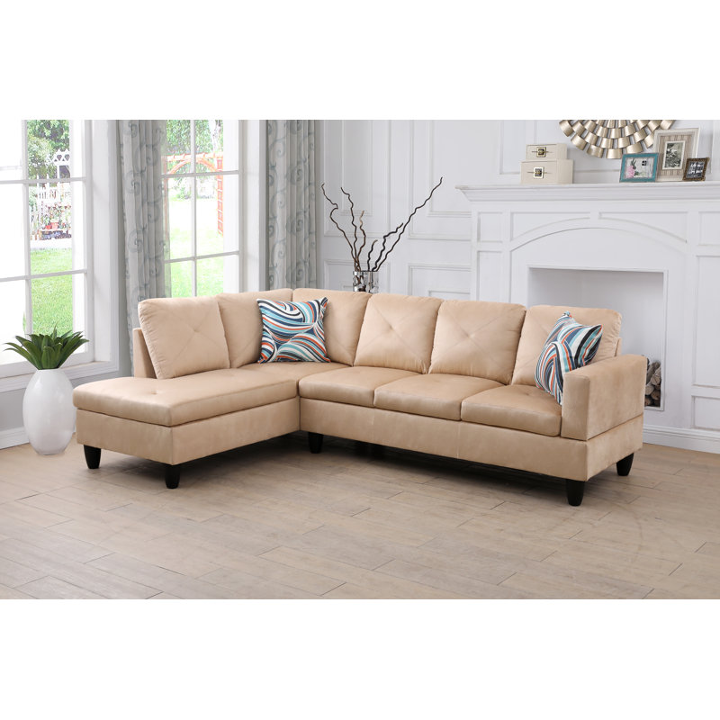 Cream Beige L Shaped Left Hand Facing Sectional Sofa, Sofa & Chaise, Left Hand Facing, Beige Velvet