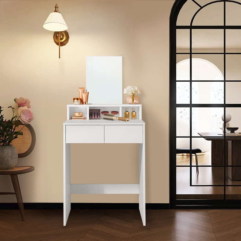 Dressing Table with Large Mirror, Vanity Table with 2 Drawers and 3 Compartments, Makeup Table, Modern, White