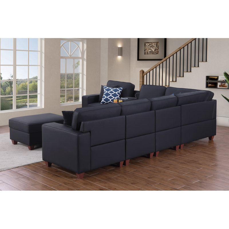 Canapé modulaire à accoudoirs carrés 125,25 po, Similicuir noir
