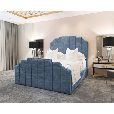 Annalei Regal Velvet Upholstered Bed Frame - Shaped Headboard, Chrome Feet