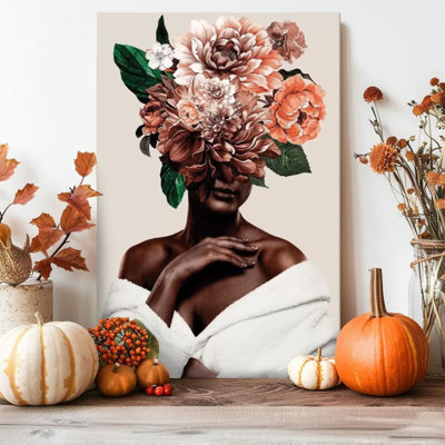 1 pièce d'art mural, peinture sur toile encadrée, masque floral, portrait d'une femme noire, style artistique surréaliste, affiche rétro décorative pour le mur, décoration intérieure, œuvre d'art moderne, cadeau parfait pour la chambre à coucher et le salon