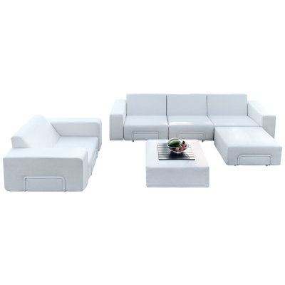 Boneless 99” Modular Compression Sectional Sofa Set with Ottoman, Outdoor Waterproof Fabric, Tool-Free Assembly, White 7-Seater Patio Couch with Coffee Table For Living Room Bedroom