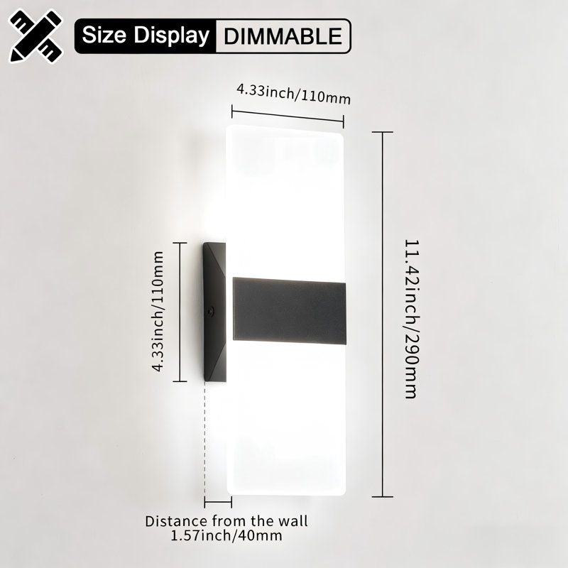 Dimmable Modern Wall Sconce with Rectangular Acrylic Lampshade, 6000K Hardwired, Black, 6000K