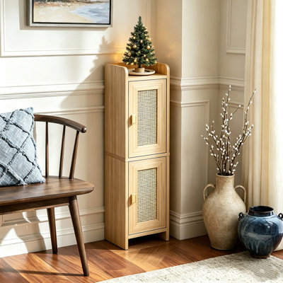 Meuble de rangement de salle de bain en rotin tressé de style bohème, meuble de rangement d'angle à double porte couleur bois rétro