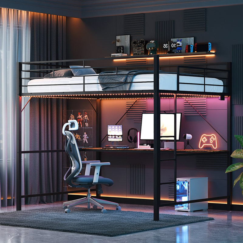 Full Size Heavy Duty Metal Loft Bed With Desk And Led Lights, Charging Stations For Teens Adults,Space Saving,Black, Full