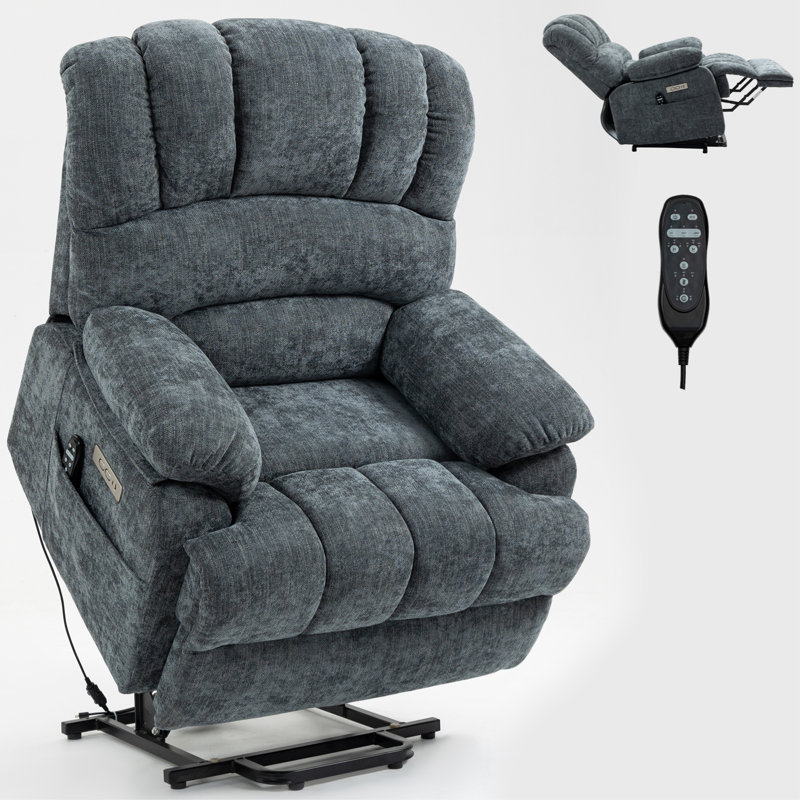 Fauteuil inclinable Zaiden Chenille Power Lift avec massage et chaleur lombaire, Bleu-gris