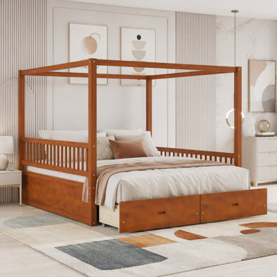 Wooden Canopy Bed with Storage Drawers