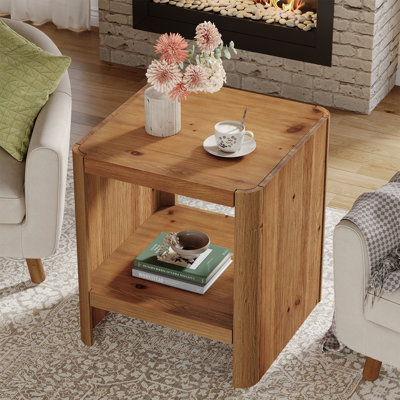 Table de bout en bois massif, table d'appoint rustique à 2 niveaux, bois naturel