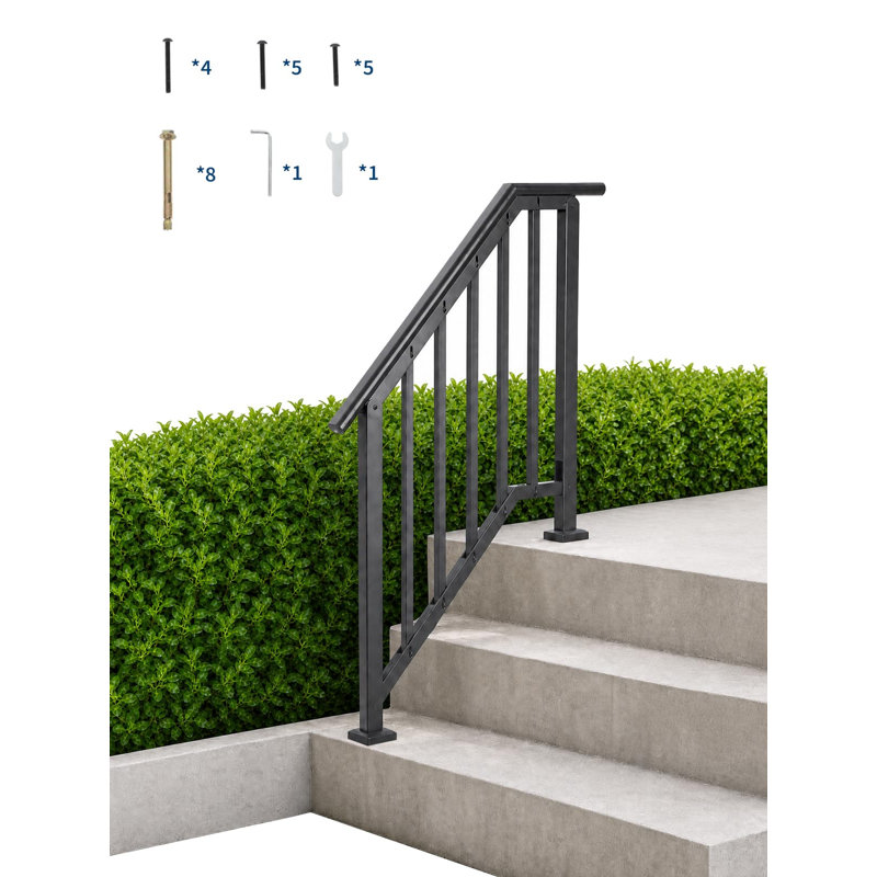 Ensemble de 1 rampe d'escalier réglable en fer forgé à 3 marches avec balustres, noir