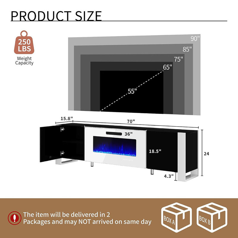 Pittston Unfinished with Fireplace Included, Black/White, 70"