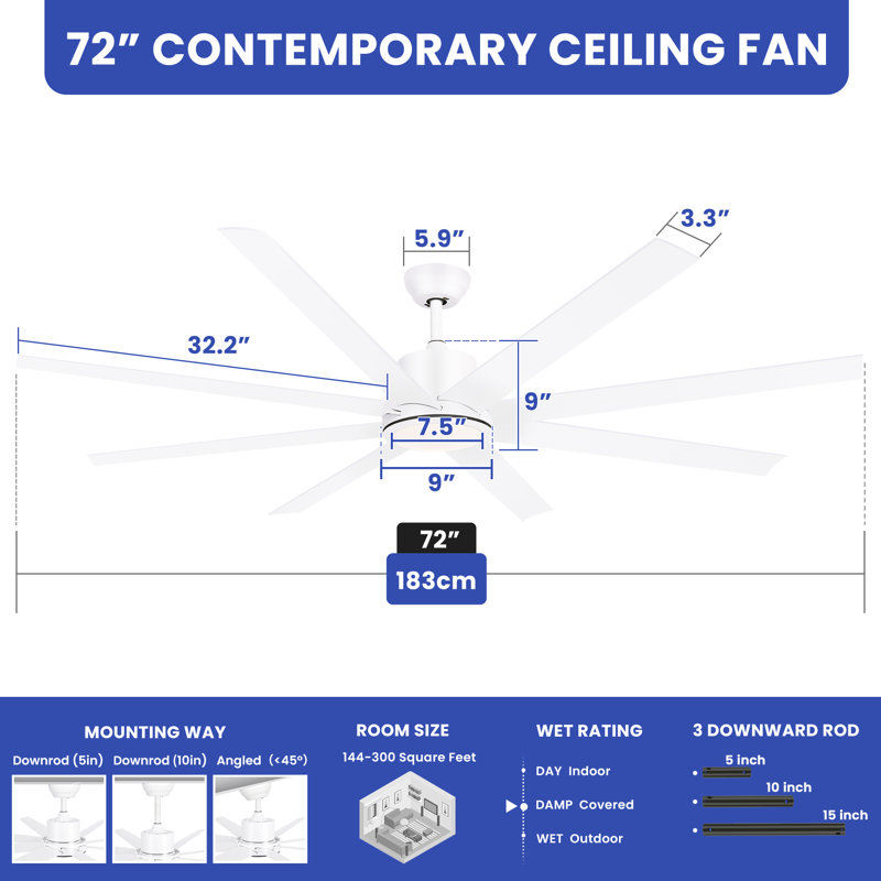 Jemarius 72'' Ceiling Fan with LED Lights, White