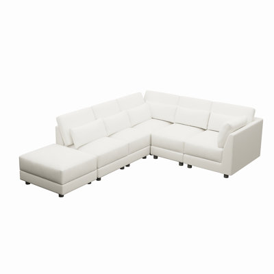 White Linen Sectional Sofa Set: 3-piece Modular Couch With Storage Ottoman - Solid Rubberwood Frame, No Assembly