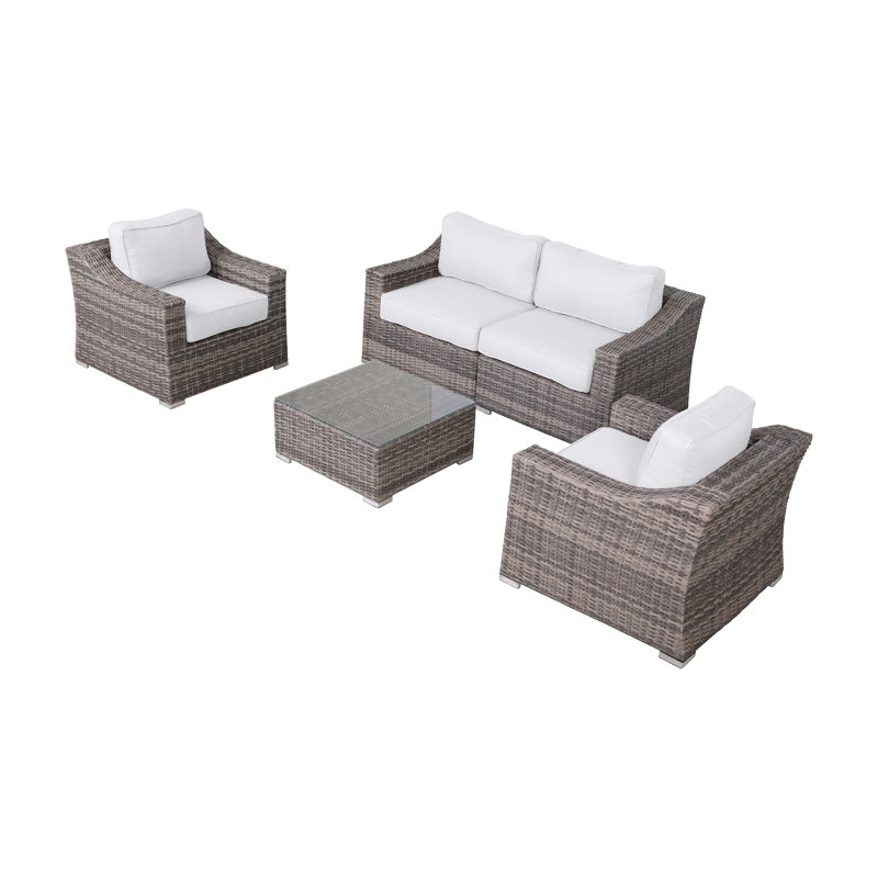 Ensemble de conversation pour 4 personnes avec coussins Moyeda Wicker | Canapé modulaire en osier toutes saisons