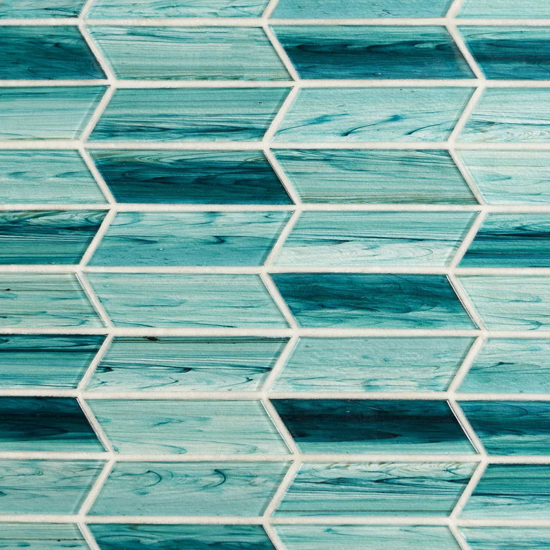 Maya 2x7 Chevron Polished Glass Mosaic Tile, Chevron Teal