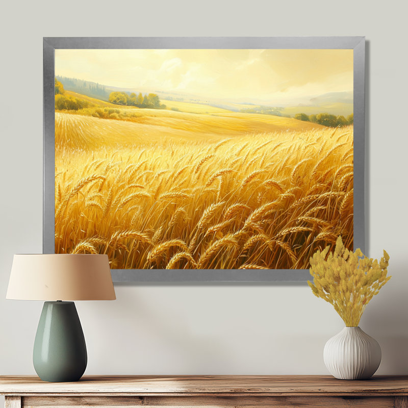 «Countryside Golden Fields In Summer Light II», art mural campagne, H 16 po x l 32 po, Cadre simple, Argent argent