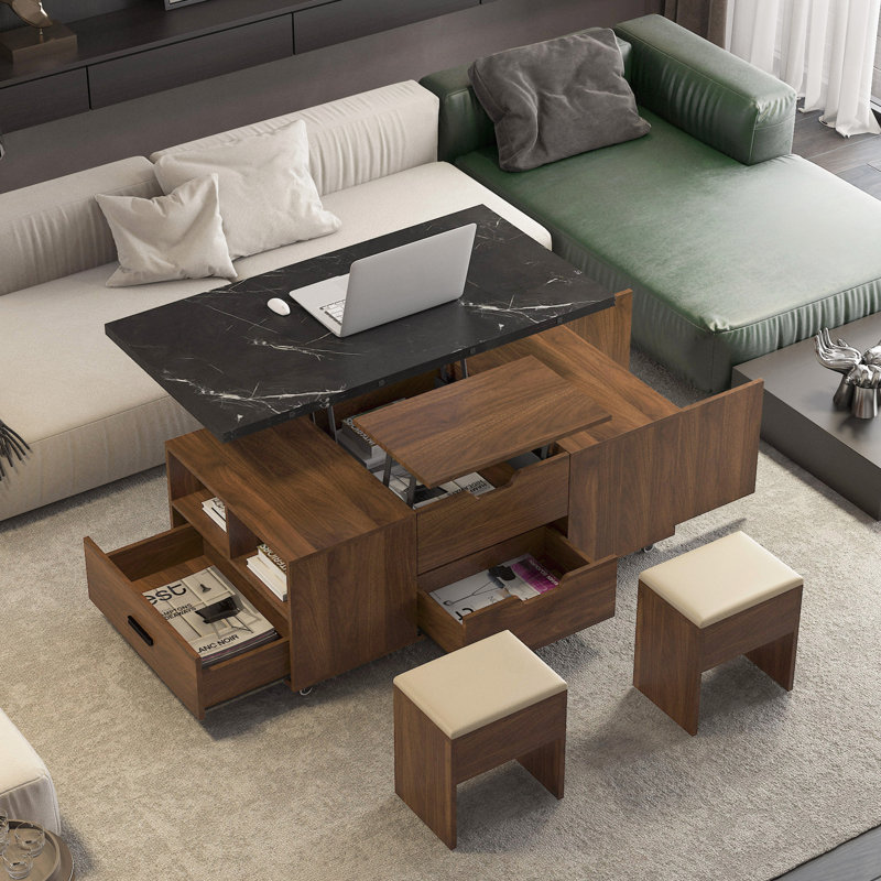 Table basse relevable moderne avec 2 tabourets, rangement dissimulé et tiroirs extensibles pour une salle à manger et un salon peu encombrants
