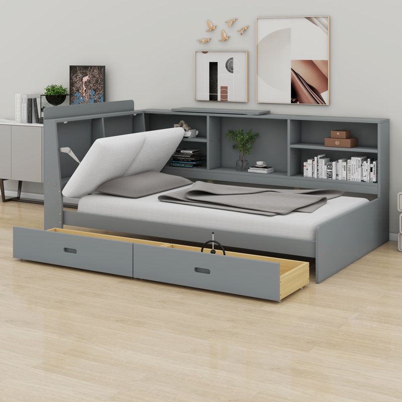 Lit plateforme en bois avec tablettes et 2 tiroirs, tête de lit avec rangement, Gris