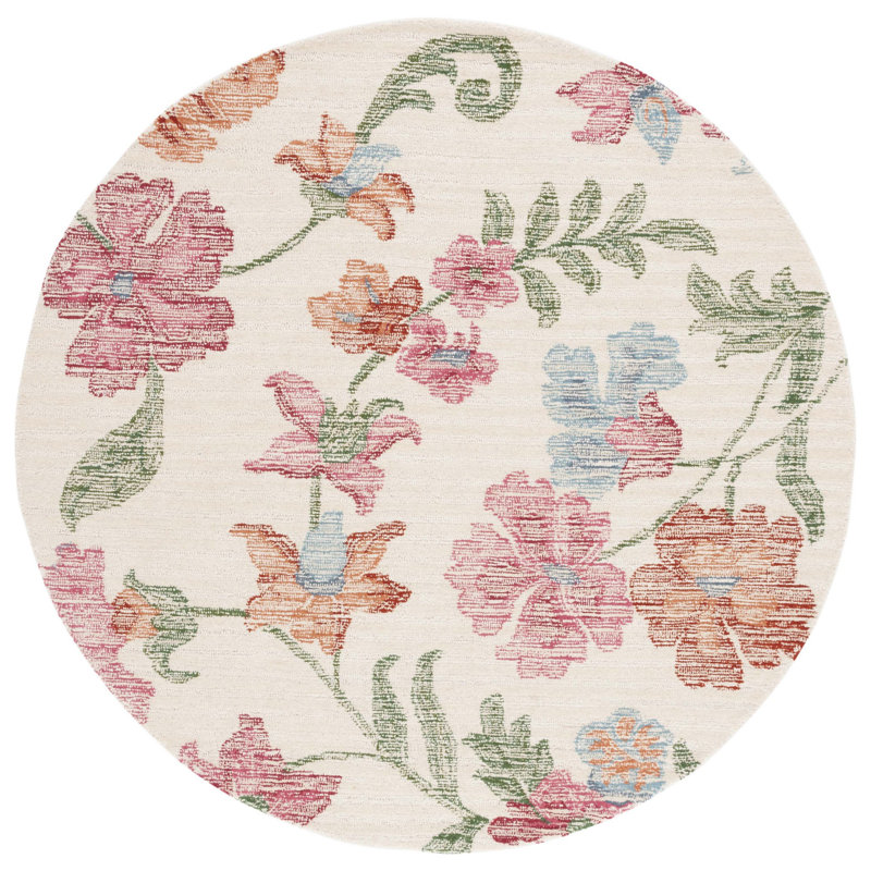 Tapis floral en laine touffeté à la main Shona, Rond 6 pi