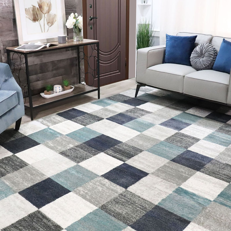 Blue And Grey Geometric Power Loom Stain Resistant Area Rug