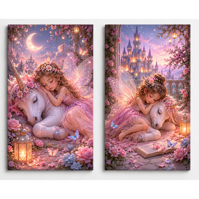 Grand ensemble de 2 reproductions d'art sur toile, licorne endormie, fantaisie rose, reproduction sur toile pour chambre d'enfant, impression sur toile 16 x 24 pouces