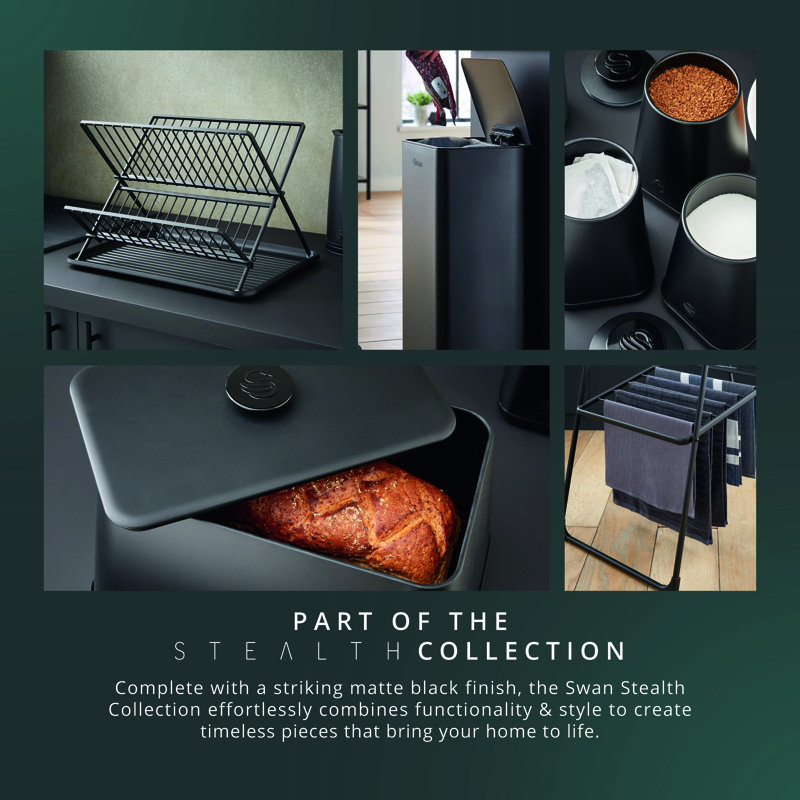 Swan SWKA5070BLK Stealth 15 Plate Dish Rack with Removable Cutlery Holder, Drip Tray, Space Saving Two Tier Design, Iron Body, Black