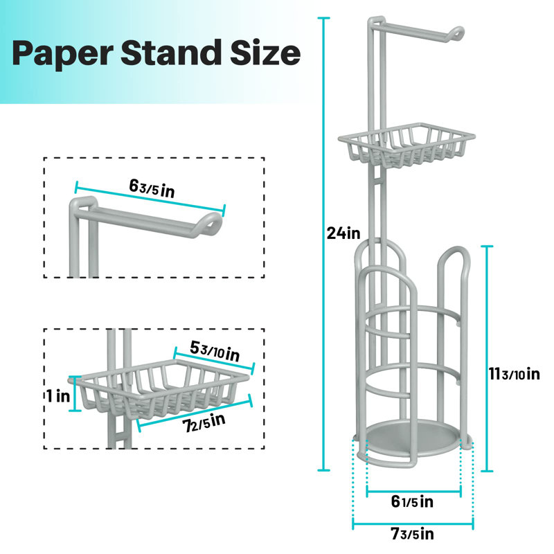 Silver Gray Freestanding Toilet Paper Holder with Shelf and Storage