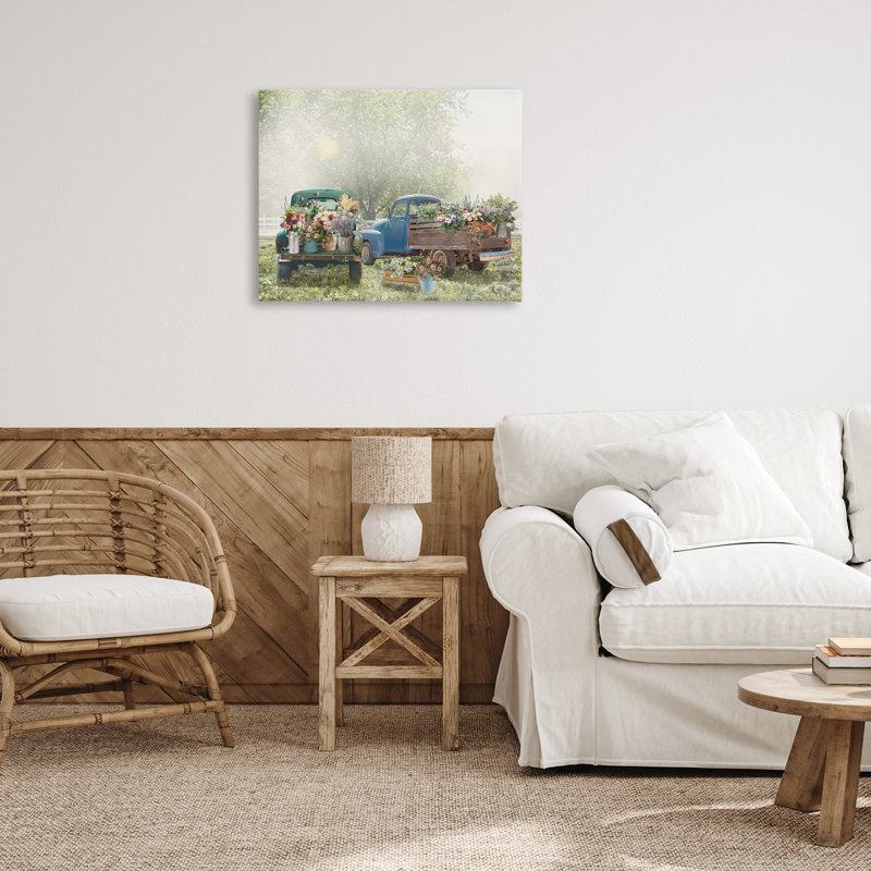 Art mural sur toile Rustic Camions avec fleurs de campagne, design par Nan, H 24 po x l 30 po