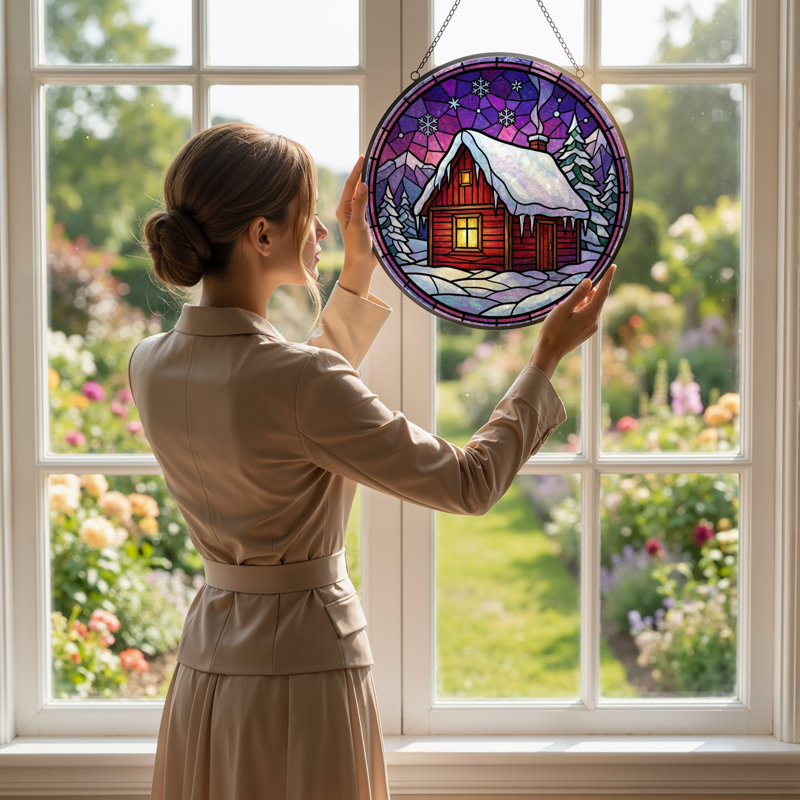 12"H Winter Cabin Stained Glass Window Panel, 12" H x 12" W