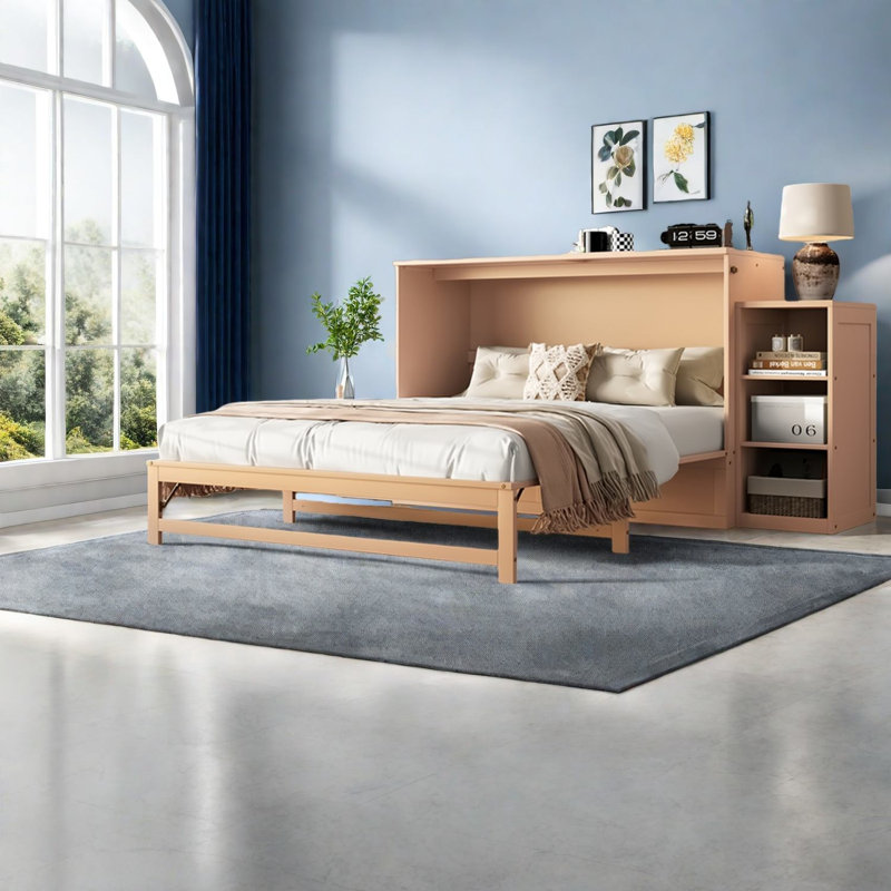 Grand lit escamotable peu encombrant avec finition dorée et rangement en bois pour les maisons modernes