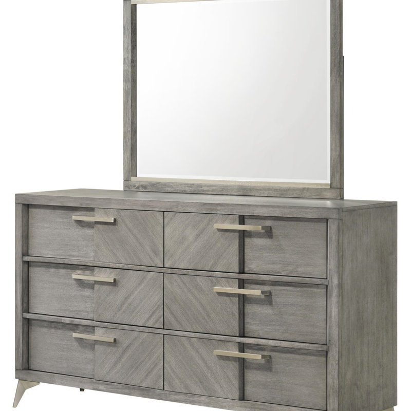 Élégante commode à 6 tiroirs en placage assorti gris avec guides latéraux et quincaillerie sur mesure pour les chambres modernes