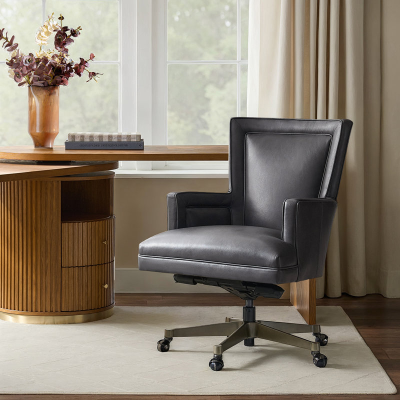 Chaise de bureau Jacinto, Cuir véritable gris