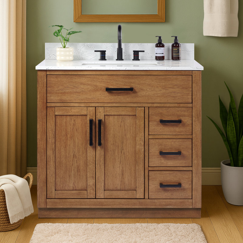 36'' Single Bathroom Vanity with Drawer, Shelf, Outlet, and Engineered Marble Top, Dark Brown Walnut