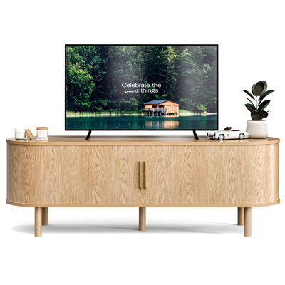 Tv Stand For Tvs Up To 60 Inch, Entertainment Center With Sliding Doors And Adjustable Shelf, Modern Tv Console With Storage For Living Room, Bedroom, Natural