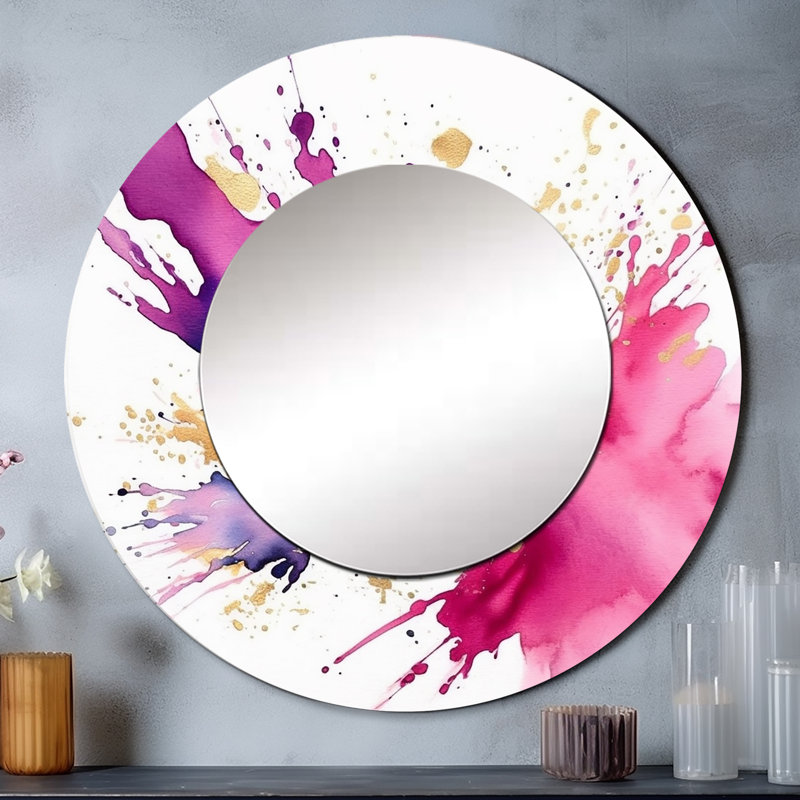 Mauve et rose Strokes VII - miroir mural décoratif Fractals, miroir rond moderne, impression d'art en métal, 29 po x 29 po