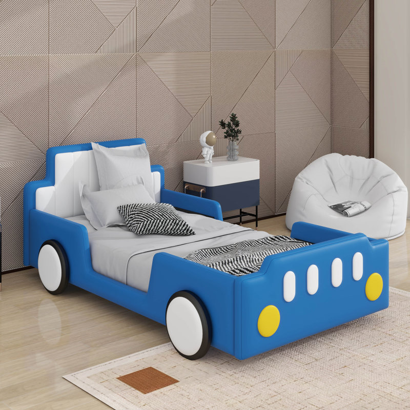 Lit plateforme simple en forme de voiture avec roulettes, Bleu