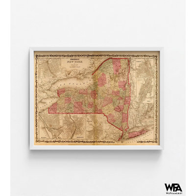 Affiche de carte de New York, New York 1862, carte de l'État américain, art mural de la fonction publique américaine, décor de l'école de New York, affiche de l'État américain de géographie