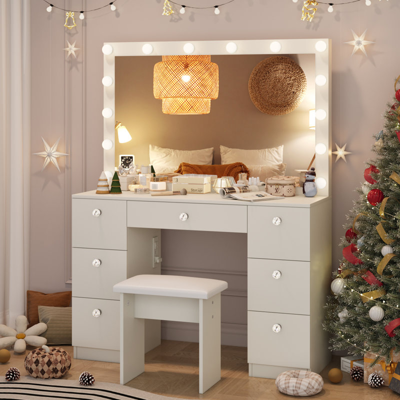 Greyden Makeup Vanity with Large Lighted Mirror, 7 Drawers and Outlets, Stool Included, for Bedroom, White