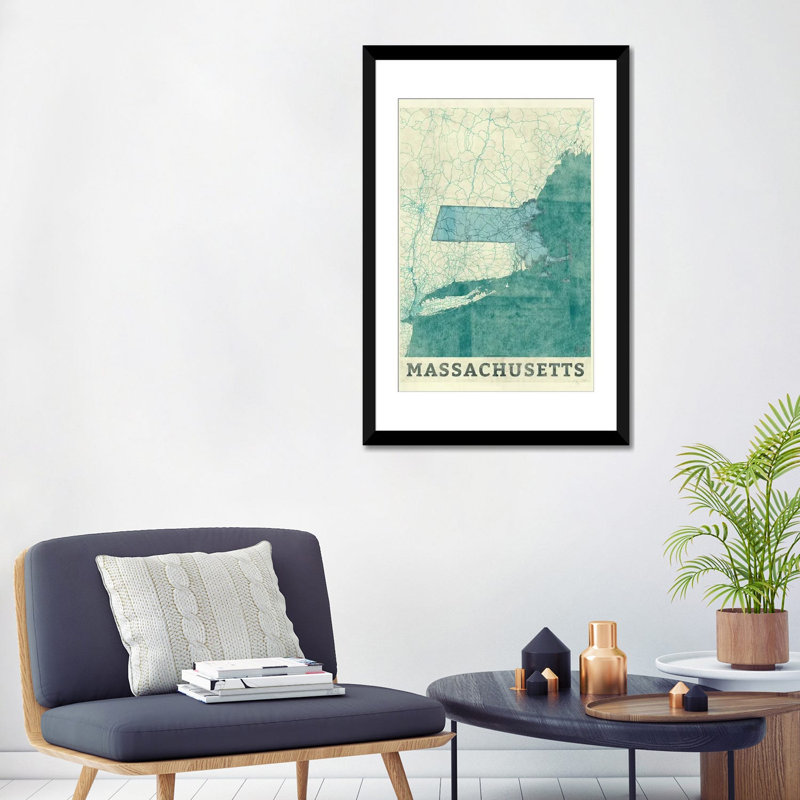 « massachusetts map », reproduction d’impression sur toile, H 24 po x l 16 po x P 1 po, Papier avec cadre noir, Blanc