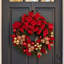 Holiday Wreath with Red and Gold Leaves, Ornaments, Pinecones and Velvet Bows
